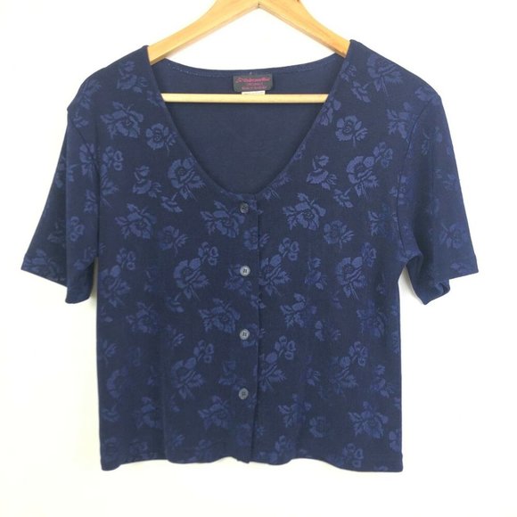 Unbranded Tops - Vintage 80s 90s Navy Blue Floral Crop Top Size M Button Up Short Sleeve Shirt